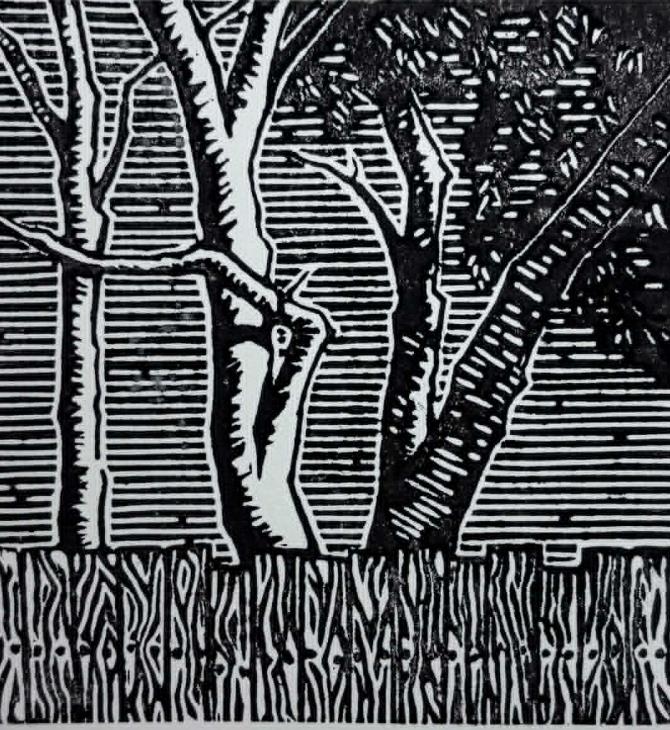 Wendy and Phil's, Next Door, Lino Print on Paper by James Mulcahy