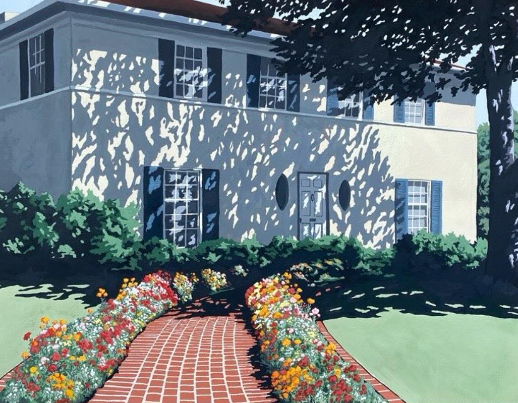 Gouache painting of a stucco house behind a flower-lined brick path, dappled in tree shadow, by James Mulcahy